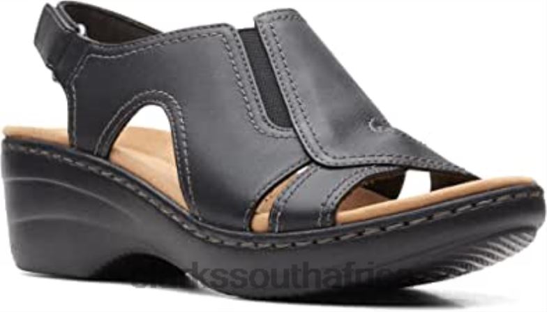 Black Leather Clarks Women's Merliah Style Wedge Sandal 840402459 Women Clarks Black Leather
