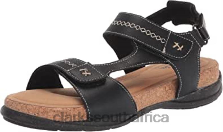 Clarks Black Leather Women's Roseville Mae Flat Sandal 840401801 Women Clarks