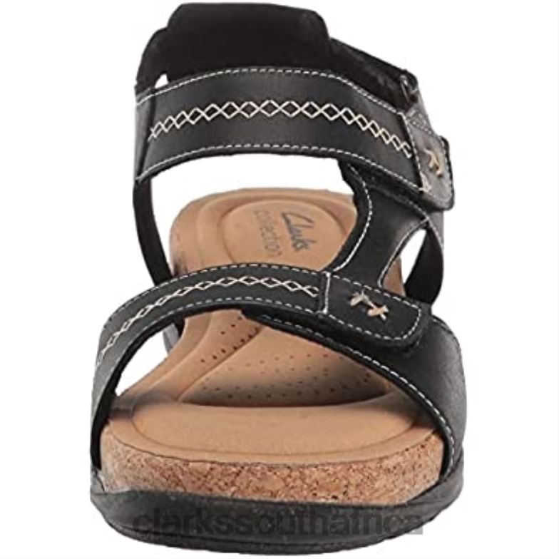 Clarks Women's Roseville Mae Flat Sandal Black Leather 840401802 Women Clarks