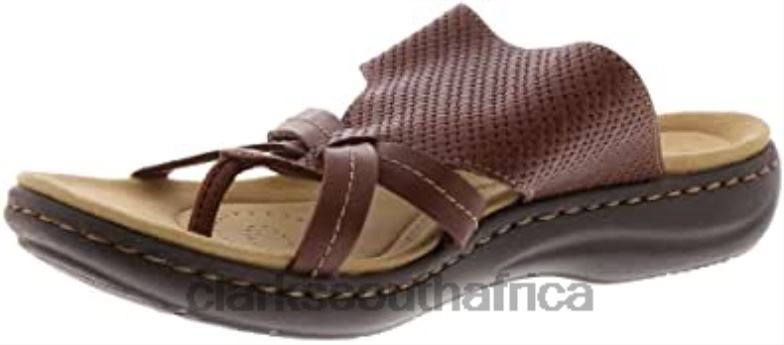 Dark Tan Leather Clarks Women's Laurieann Edge Flat Sandal 84040235 Women Clarks Dark Tan Leather