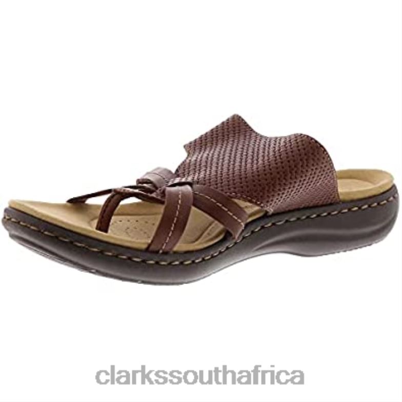 Dark Tan Leather Clarks Women's Laurieann Edge Flat Sandal 84040235 Women Clarks Dark Tan Leather