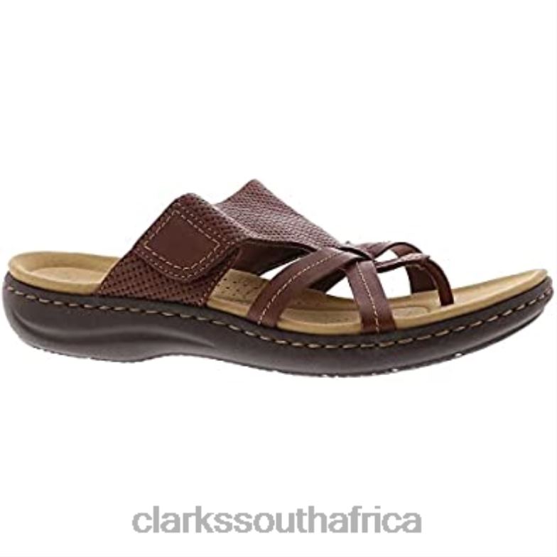 Dark Tan Leather Clarks Women's Laurieann Edge Flat Sandal 84040235 Women Clarks Dark Tan Leather