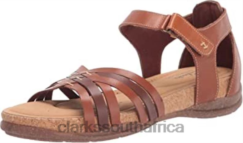 Tan Leather Women's Roseville Cove Flat Sandal Clarks 840401588 Women Clarks Tan Leather