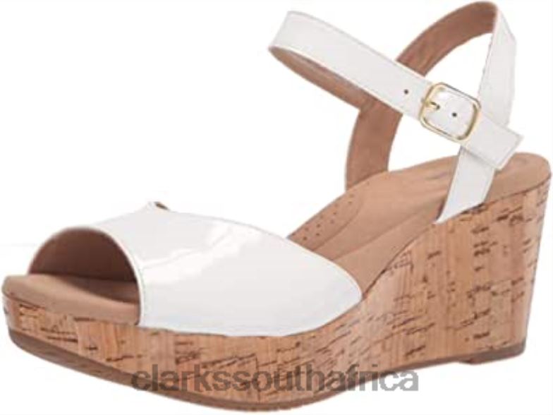 Women's Annadel Mystic Wedge Sandal White Patent Synthetic Clarks 840401502 Women Clarks White Patent Synthetic
