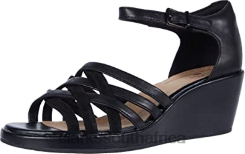 Women's Un Plaza Go Wedge Sandal Clarks Black Leather Suede Combi 840402879 Women Clarks Black Leather Suede Combi
